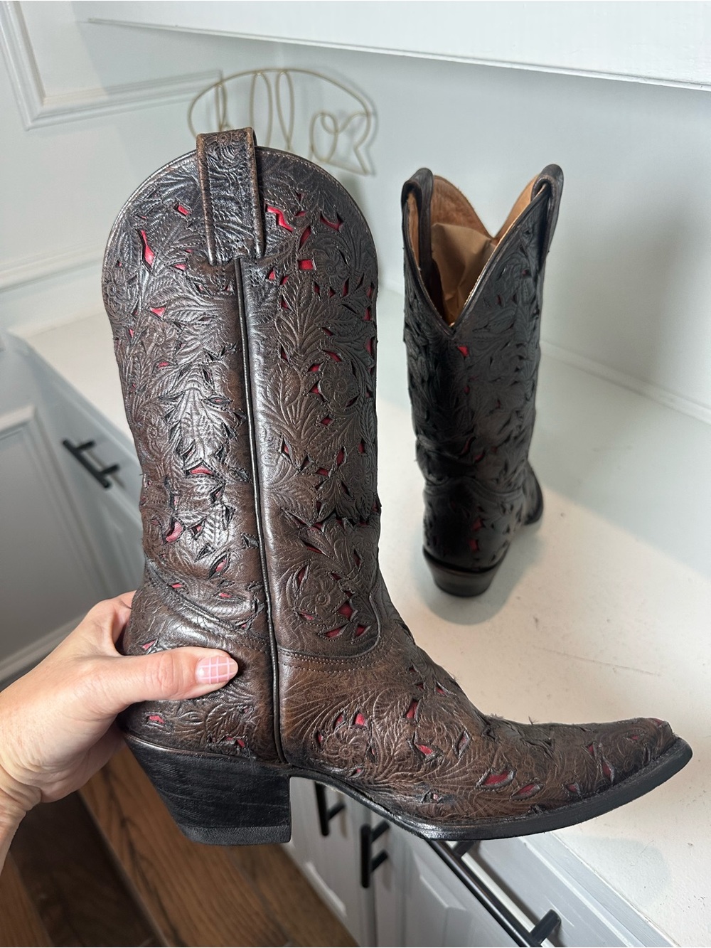 Stetson Cowboy Boots Womens 6.5 Brown Leather Red Underlay Handmade Mexico - Picture 7 of 9